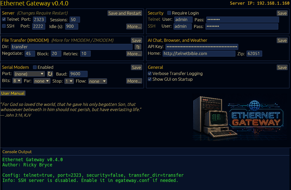 Ethernet Gateway GUI Console